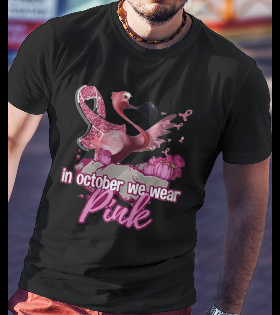 In October We Wear Pink Flamingo Breast Cancer Awareness Halloween T-Shirt