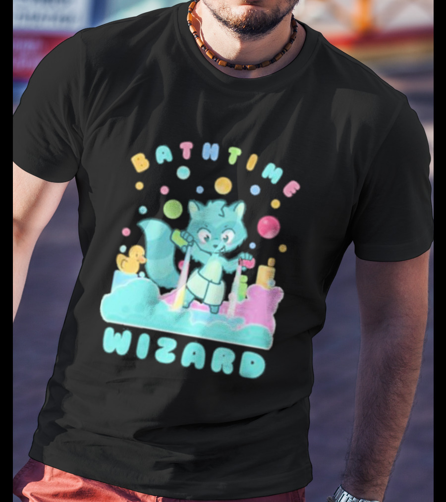 Bathtime Wizard Colorful Bubbles With Raccoon And Rubber Duck T-Shirt