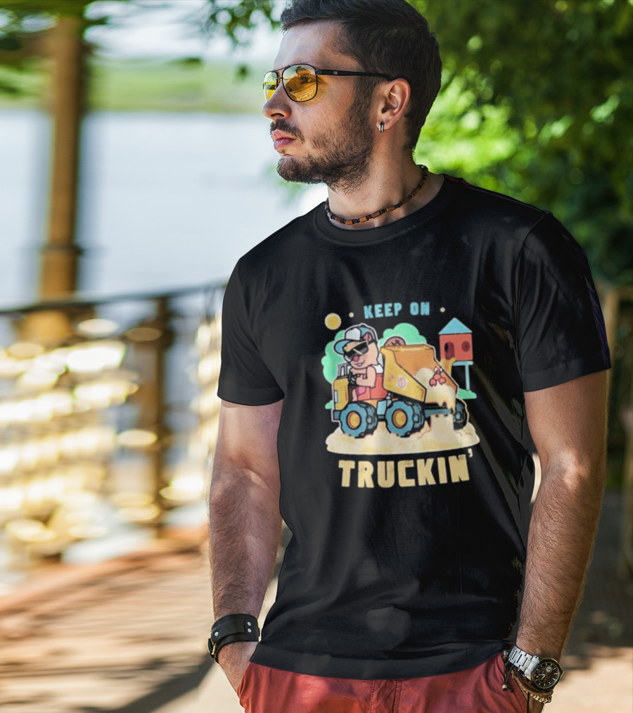Keep On Truckin’ Cartoon Dog Driving Dump Truck With Doghouse And Sun T-Shirt