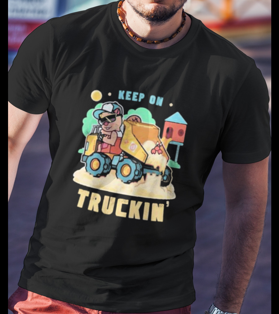 Keep On Truckin’ Cartoon Dog Driving Dump Truck With Doghouse And Sun T-Shirt