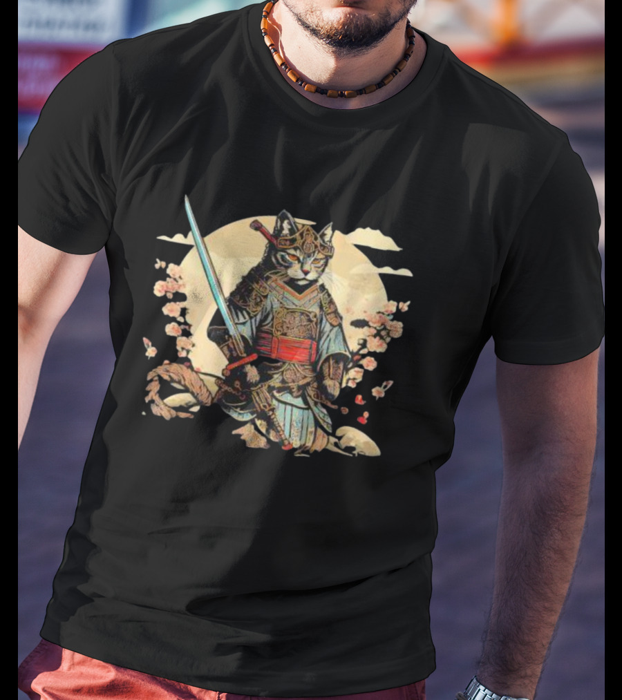 Samurai Cat Japanese Ninja Warrior Cherry Blossom Moon Warrior T-Shirt