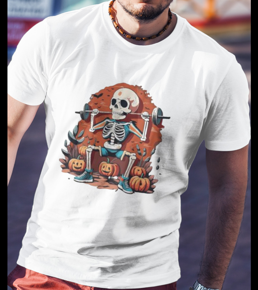 Skeleton Lifting Weights With Pumpkins Halloween Fitness T-Shirt