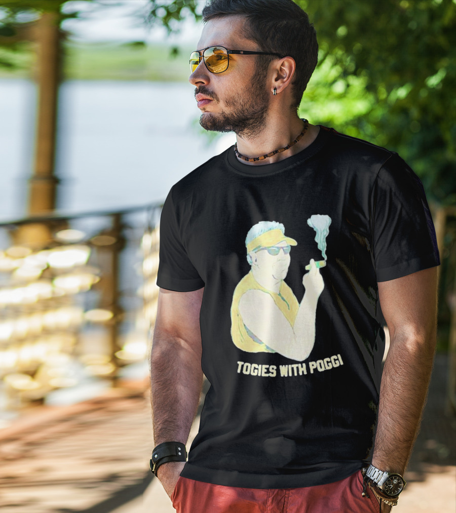 Stogies With Poggi Smoking Cigar Character In Sunglasses And Visor T-Shirt