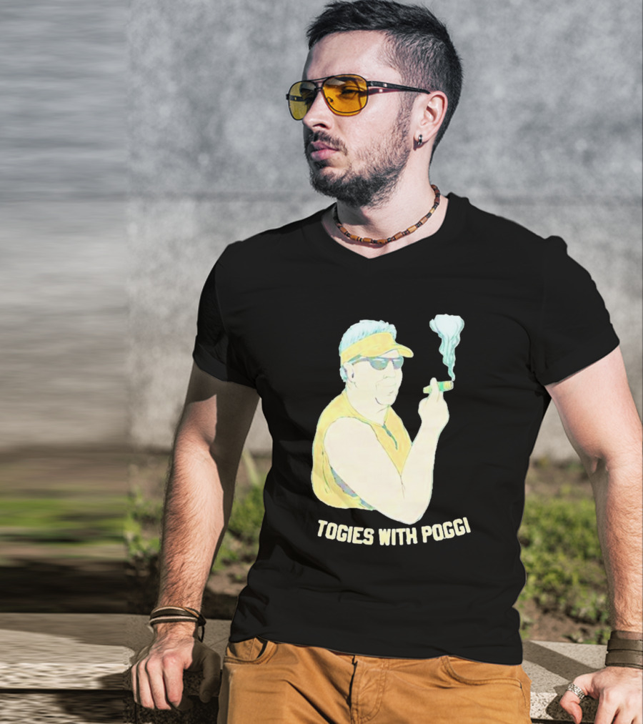 Stogies With Poggi Smoking Cigar Character In Sunglasses And Visor T-Shirt