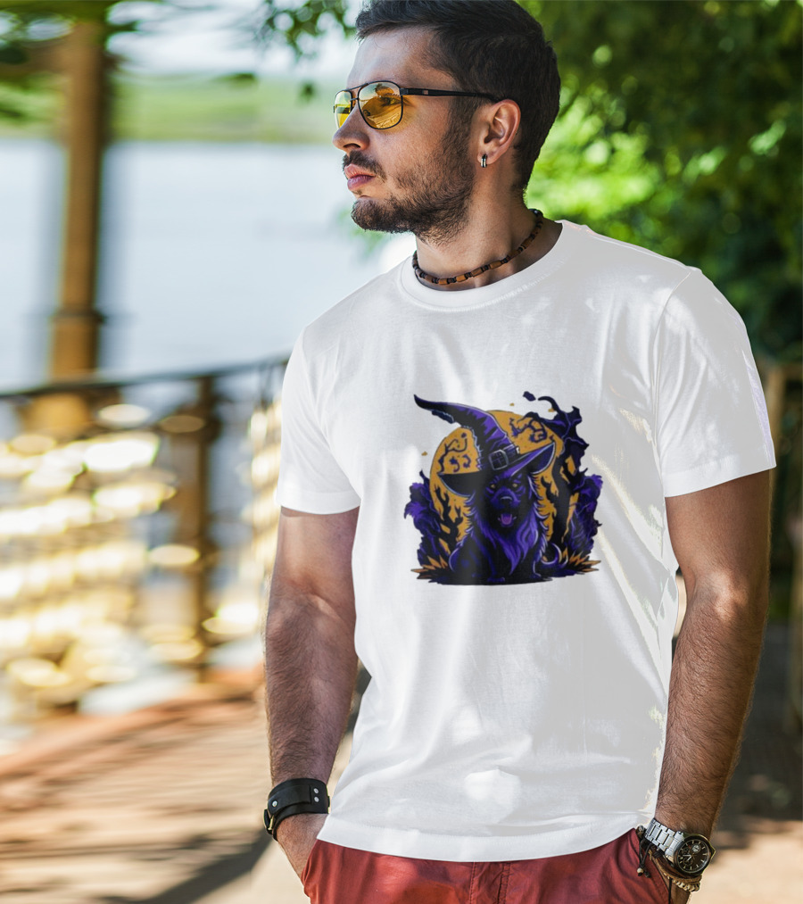 Halloween Witch Dog In Spooky Forest Horror Scene T-Shirt
