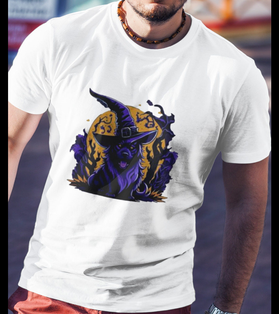 Halloween Witch Dog In Spooky Forest Horror Scene T-Shirt