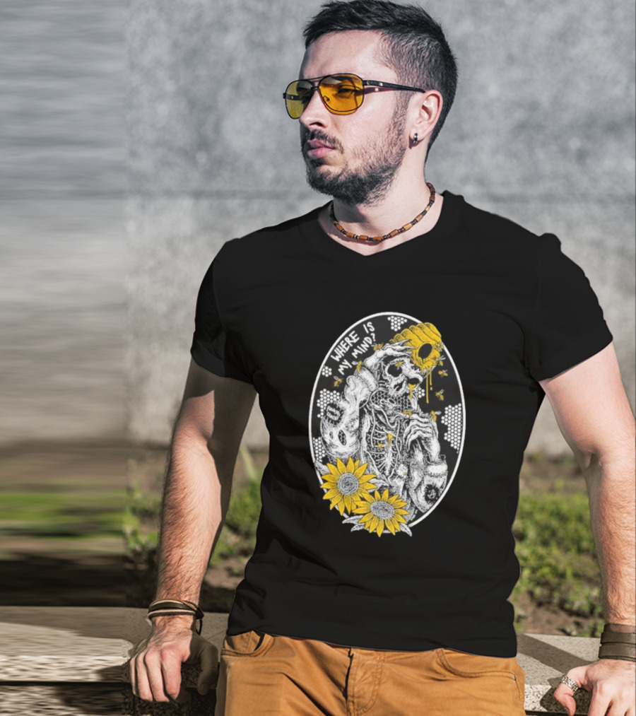 Where Is My Mind Skeleton Beehive Sunflowers Bees T-Shirt