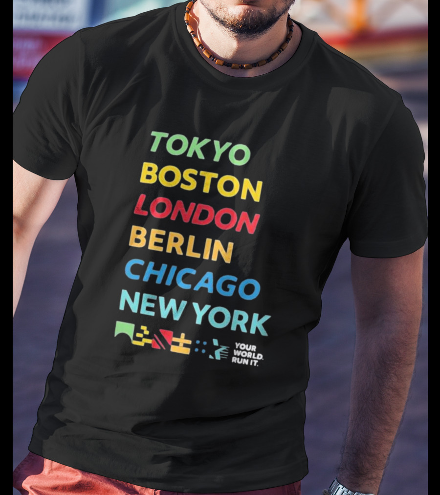World Marathon Majors Tokyo Boston London Berlin Chicago New York Your World Run It Sportiqe Comfy Tri-blend T-Shirt