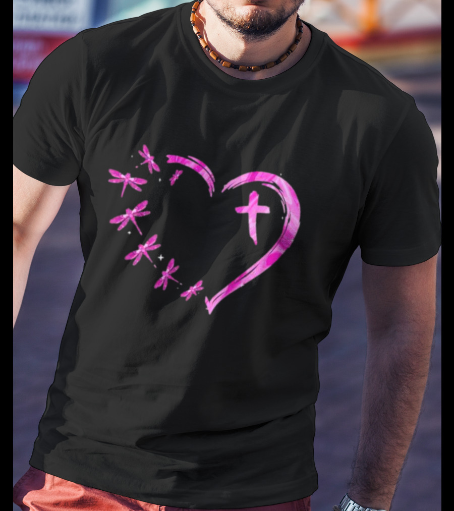 Dragonfly Pink Diamond Heart Cross Motif T-Shirt