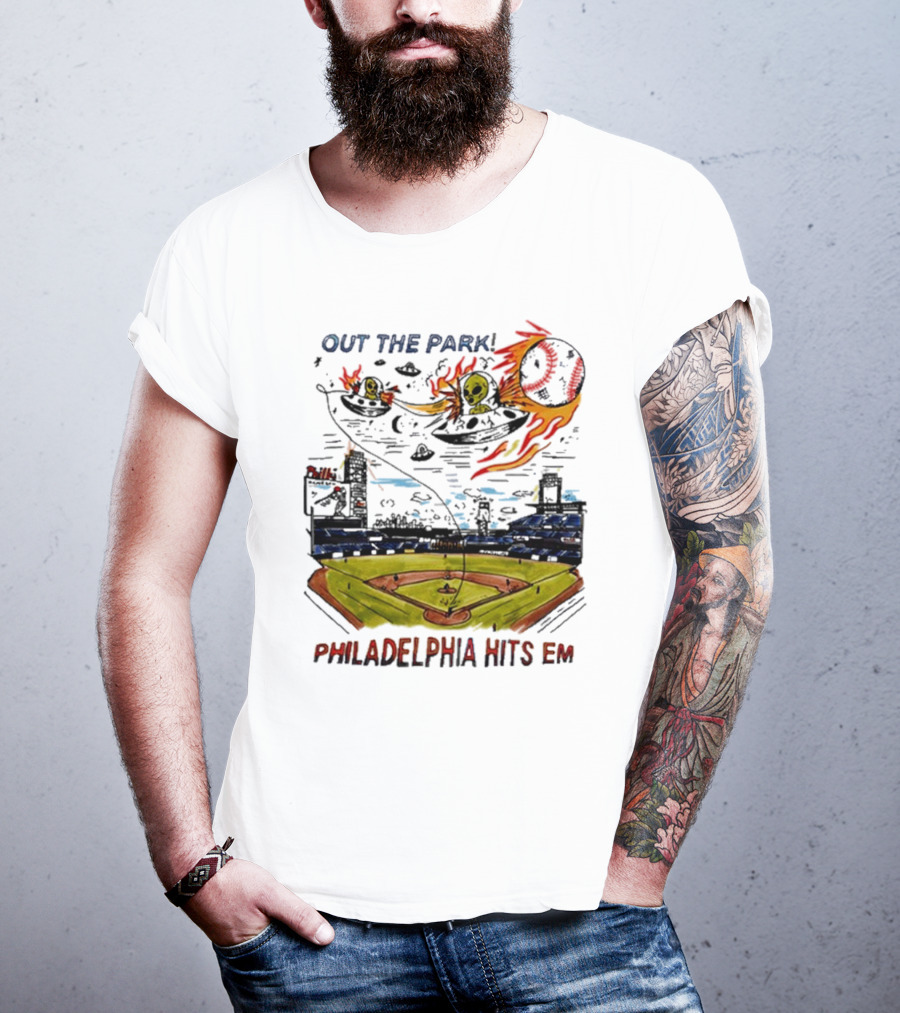 Out The Park Philadelphia Hits 'Em Alien Baseball Explosion T-Shirt