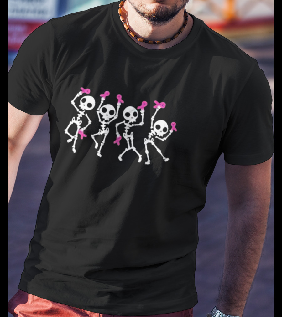 Dancing Skeletons With Pink Ribbons Breast Cancer Awareness T-Shirt