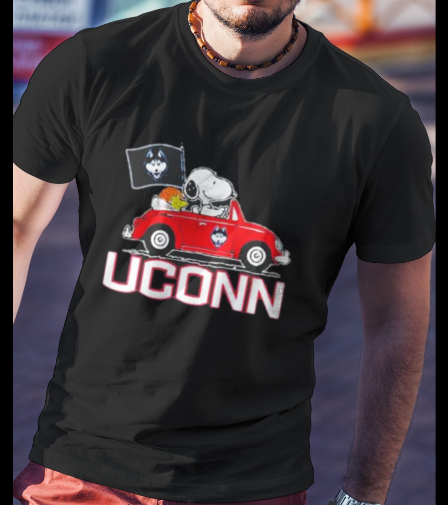 UCONN Huskies Snoopy And Woodstock Driving Red Car With Flag T-Shirt