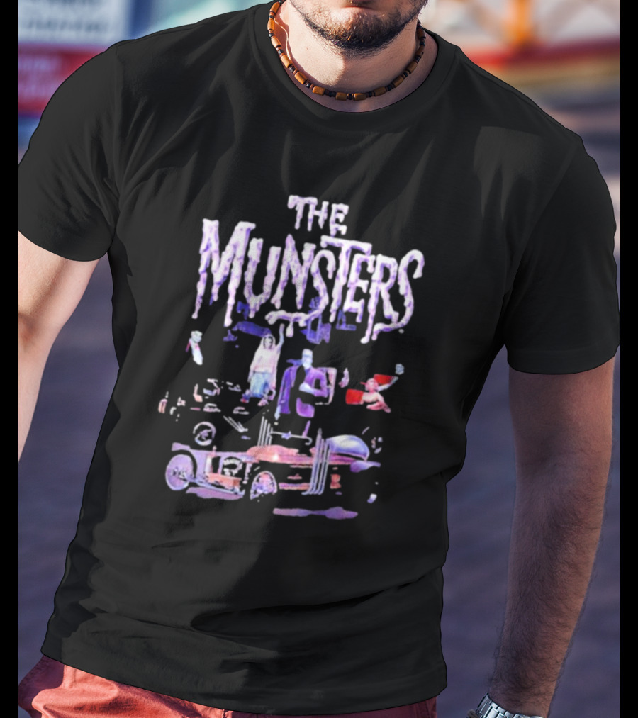 The Munsters Classic Characters With Hot Rod And Dragula Car Halloween T-Shirt