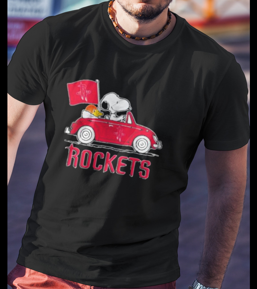 Houston Rockets Snoopy Dog Driving Red Car With Basketball Flag T-Shirt