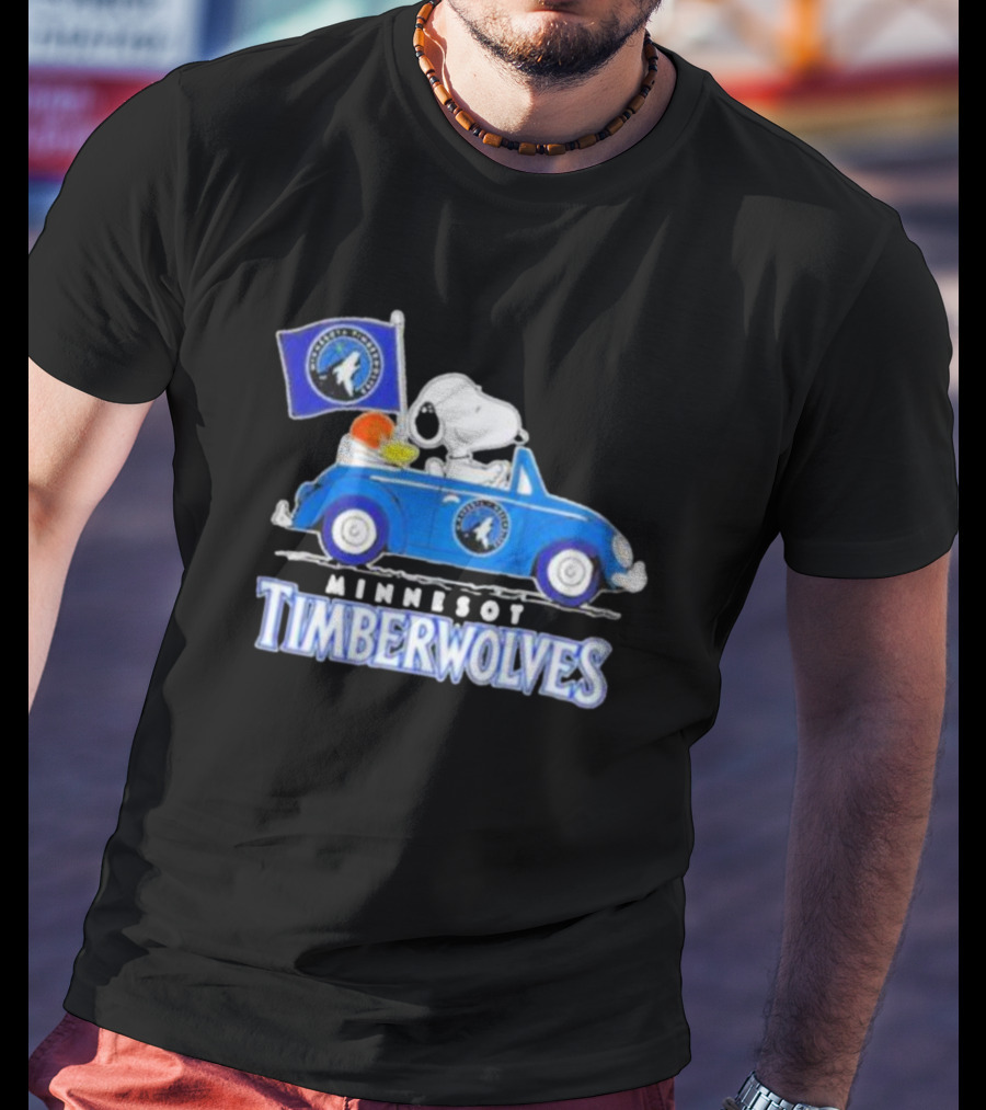 Minnesota Timberwolves Snoopy Dog Driving Blue Car Holding Basketball Flag T-Shirt