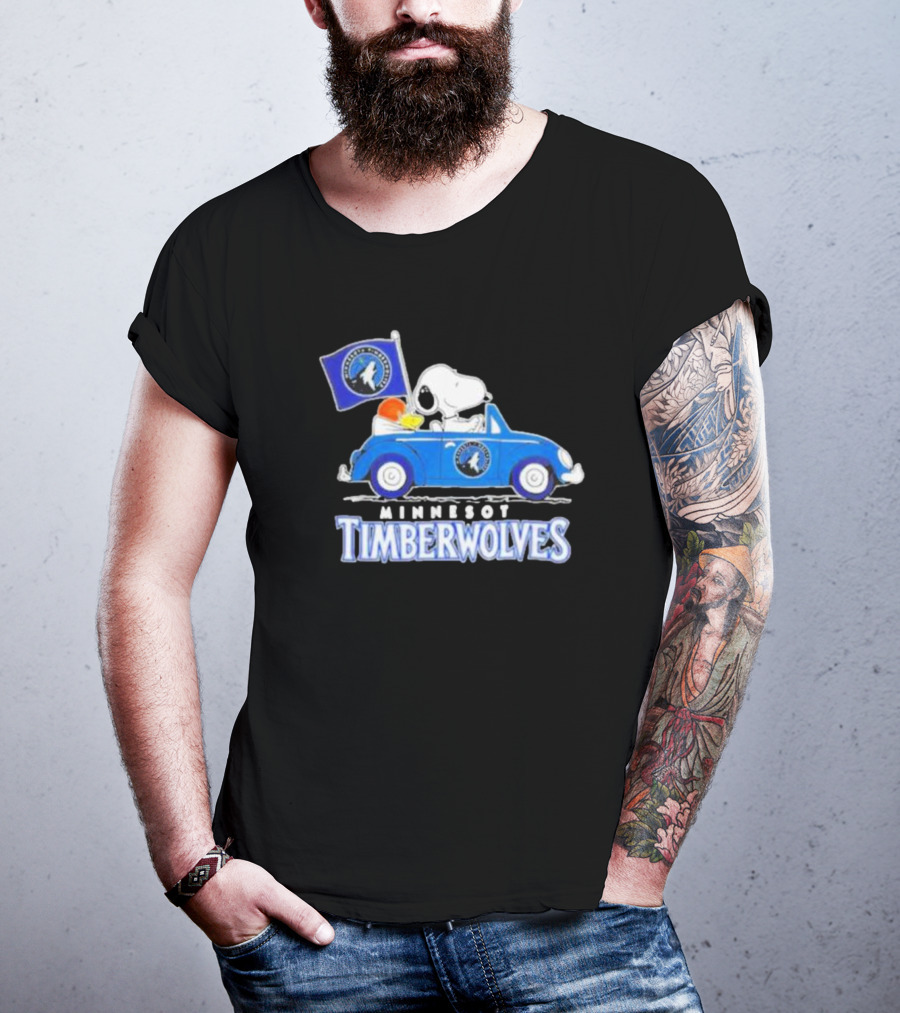 Minnesota Timberwolves Snoopy Dog Driving Blue Car Holding Basketball Flag T-Shirt