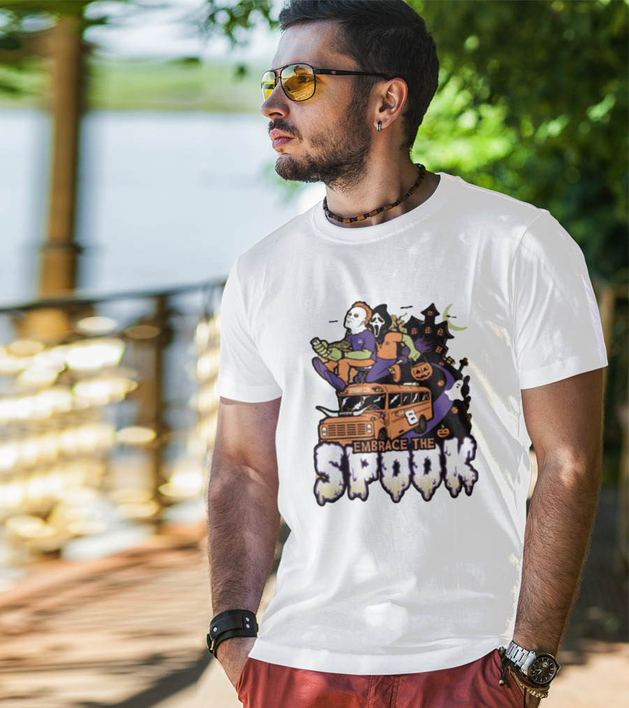 Embrace The Spook Bus With Horror Characters And Haunted House T-Shirt