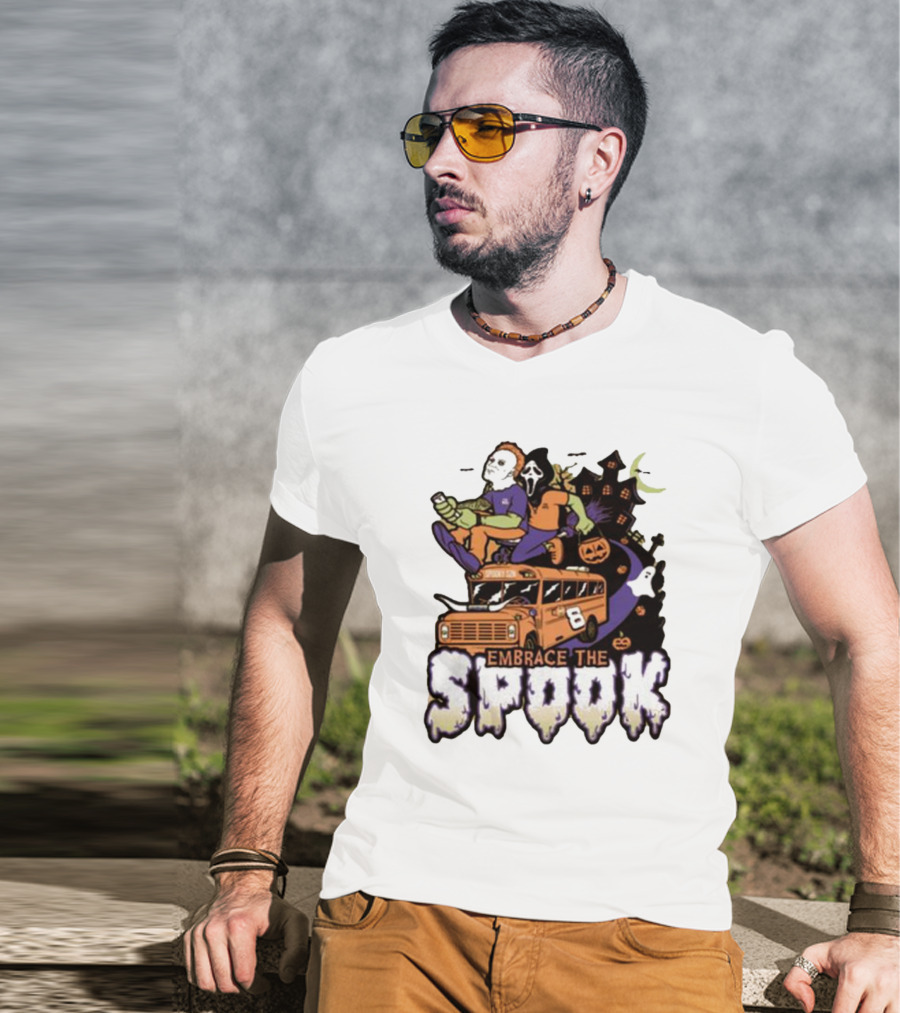 Embrace The Spook Bus With Horror Characters And Haunted House T-Shirt