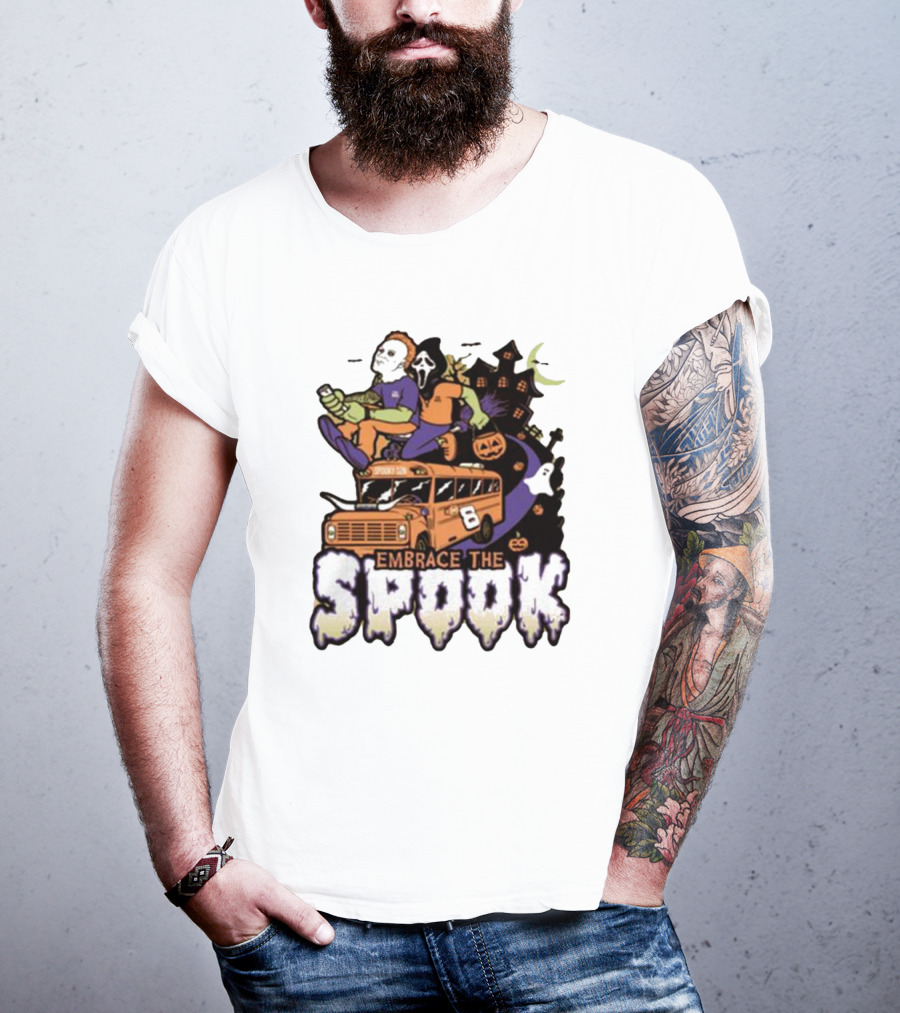 Embrace The Spook Bus With Horror Characters And Haunted House T-Shirt