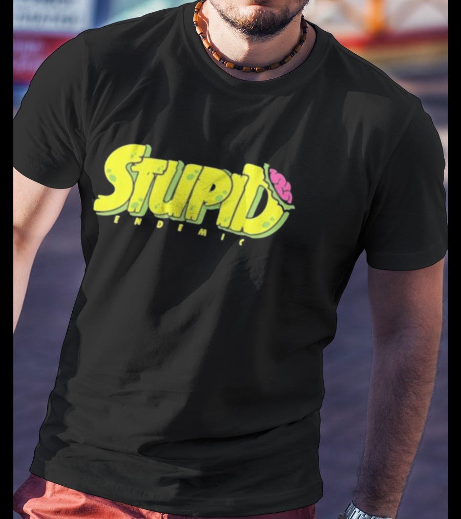 STUPID ENDEMIC Green Text With Brain Motif T-Shirt