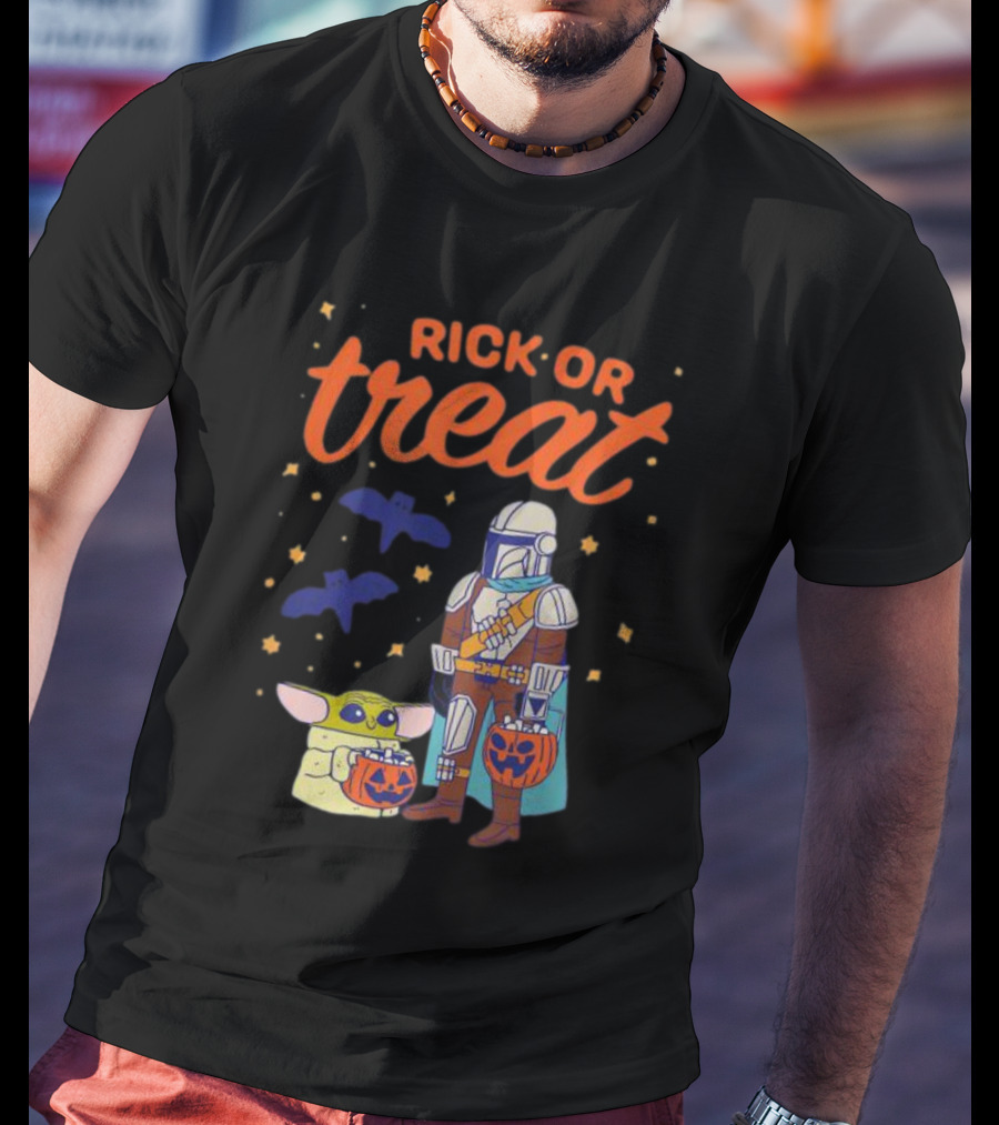 Rick Or Treat The Mandalorian And Grogu Halloween Pumpkin Buckets With Bats And Stars T-Shirt