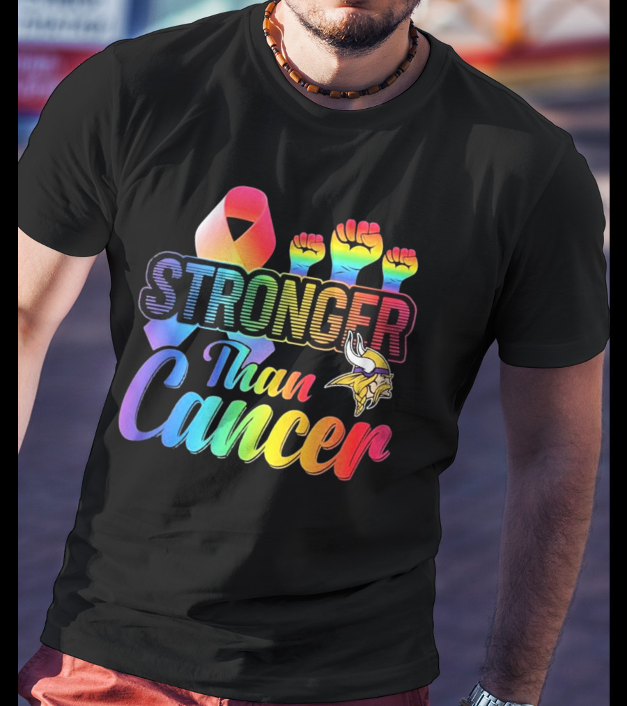 Minnesota Vikings Stronger Than Cancer With Rainbow Ribbon And Fists T-Shirt