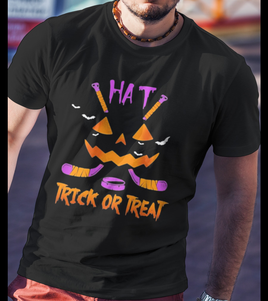 Hockey Hat Trick Or Treat Halloween Pumpkin With Hockey Sticks T-Shirt