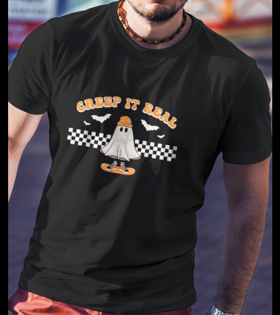 Creep It Real Ghost Skater Halloween Checkerboard Bats T-Shirt