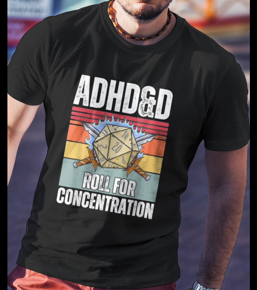 ADHD&D Roll For Concentration Retro Dice Sword Gamer T-Shirt