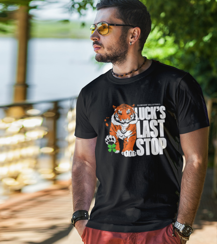 Clemson Volleyball Tiger Luck's Last Stop Tiger Paw With Clover T-Shirt