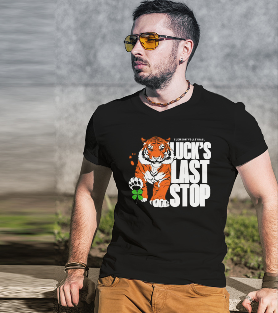 Clemson Volleyball Tiger Luck's Last Stop Tiger Paw With Clover T-Shirt