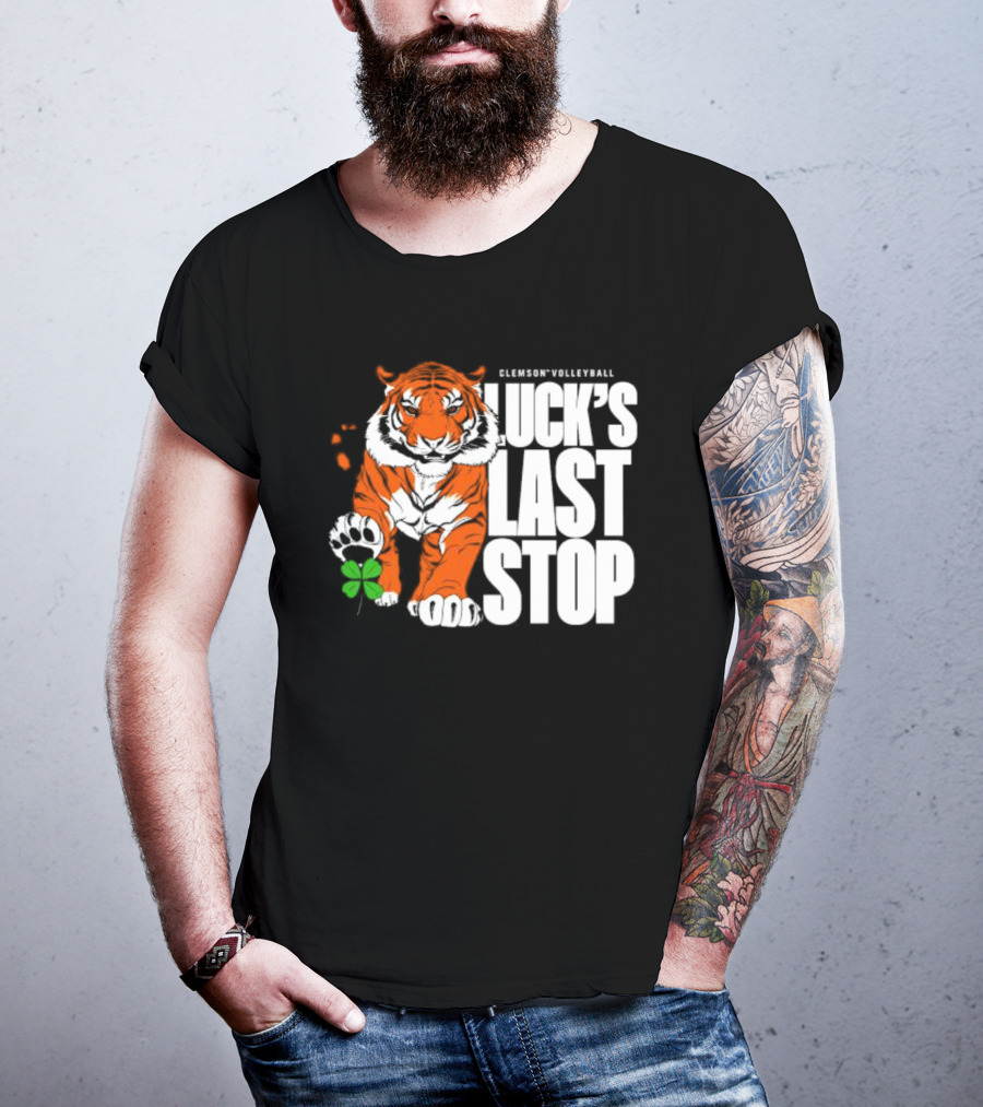 Clemson Volleyball Tiger Luck's Last Stop Tiger Paw With Clover T-Shirt
