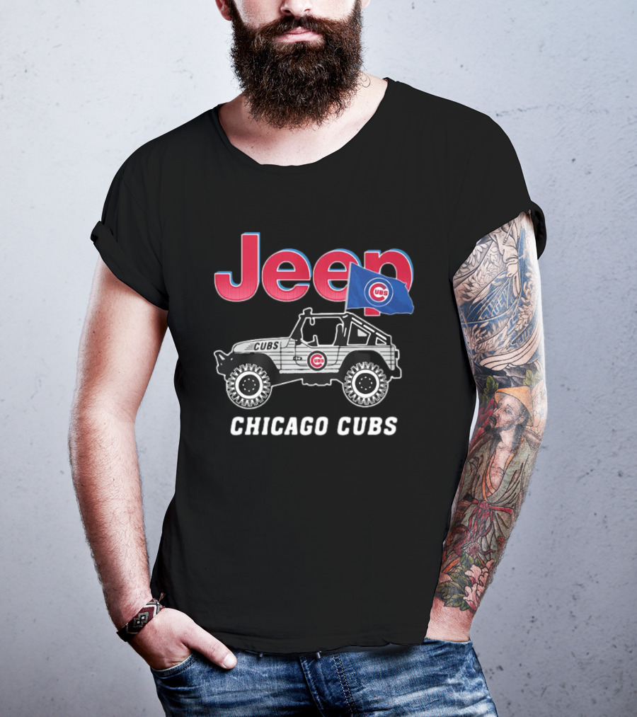 Jeep Chicago Cubs Logo With Jeep And Cubs Flag T-Shirt