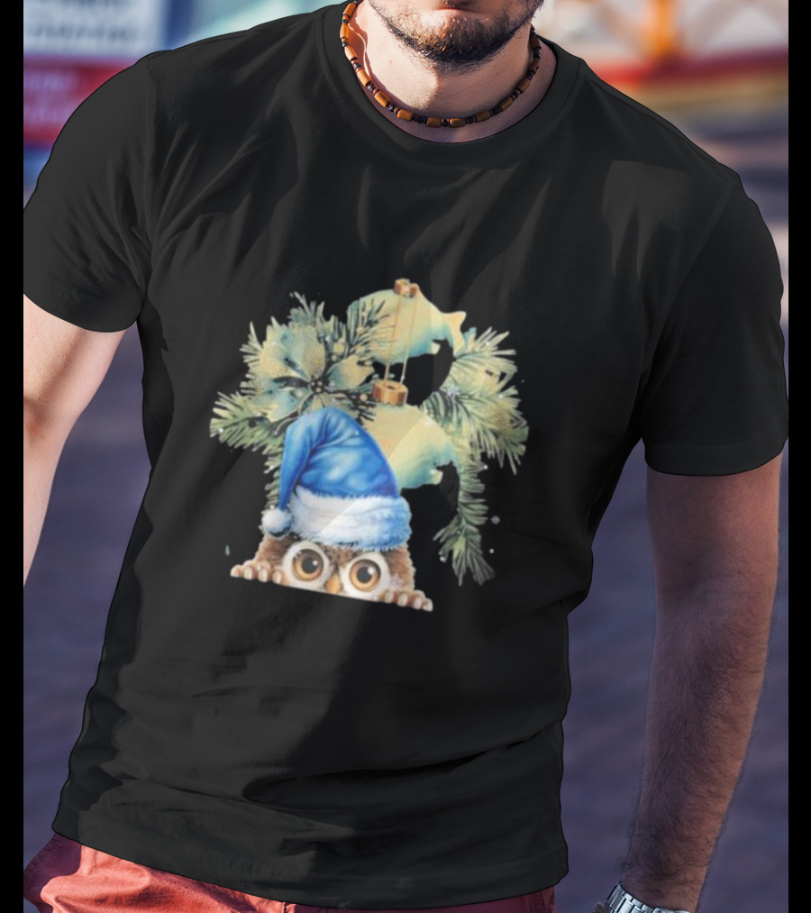 Funny Christmas Owl With Blue Santa Hat And Pine Tree Garland T-Shirt