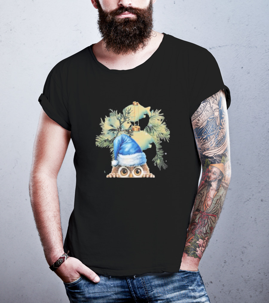 Funny Christmas Owl With Blue Santa Hat And Pine Tree Garland T-Shirt