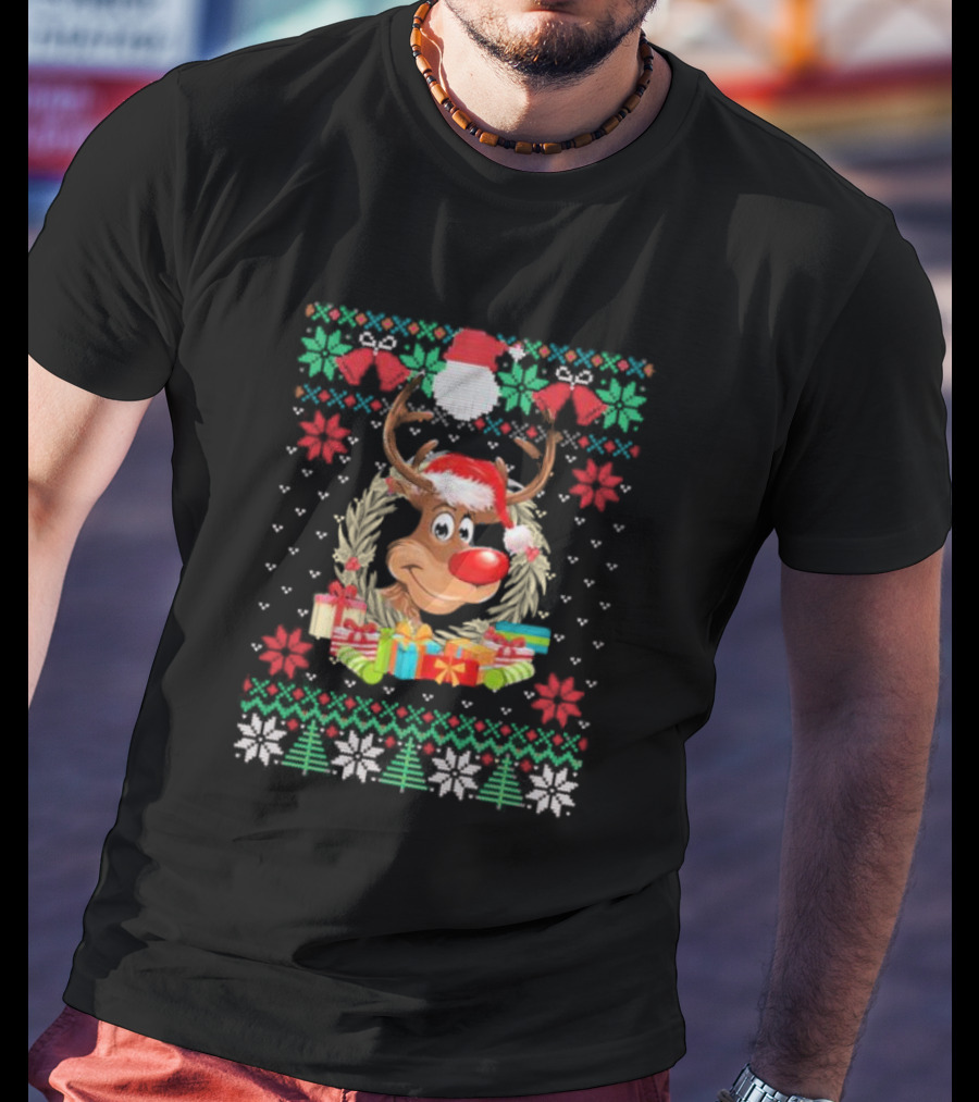 Reindeer Santa Hat Funny Ugly Christmas With Gifts And Snowflakes T-Shirt