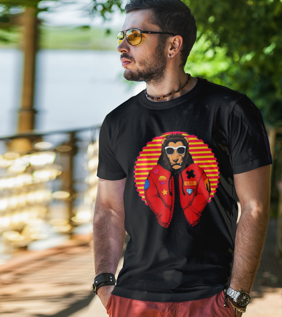 Captainsauce Merch Cool Lion Leo Jacket Retro Stripes T-Shirt