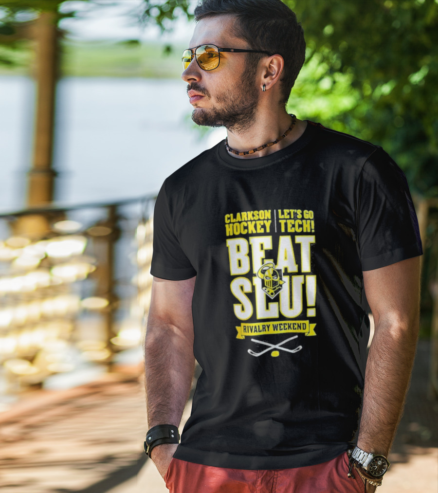 Clarkson Hockey Let's Go Tech Beat SLU Rivalry Weekend Hockey Sticks And Puck T-Shirt