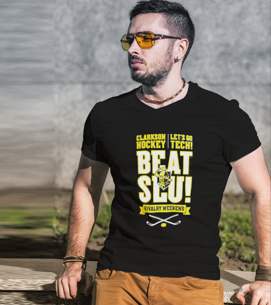 Clarkson Hockey Let's Go Tech Beat SLU Rivalry Weekend Hockey Sticks And Puck T-Shirt