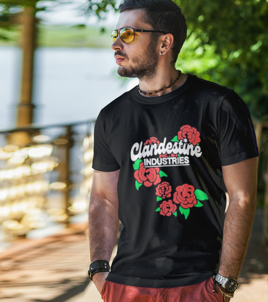Clandestine Industries Roses Band With Red And Green Elements T-Shirt