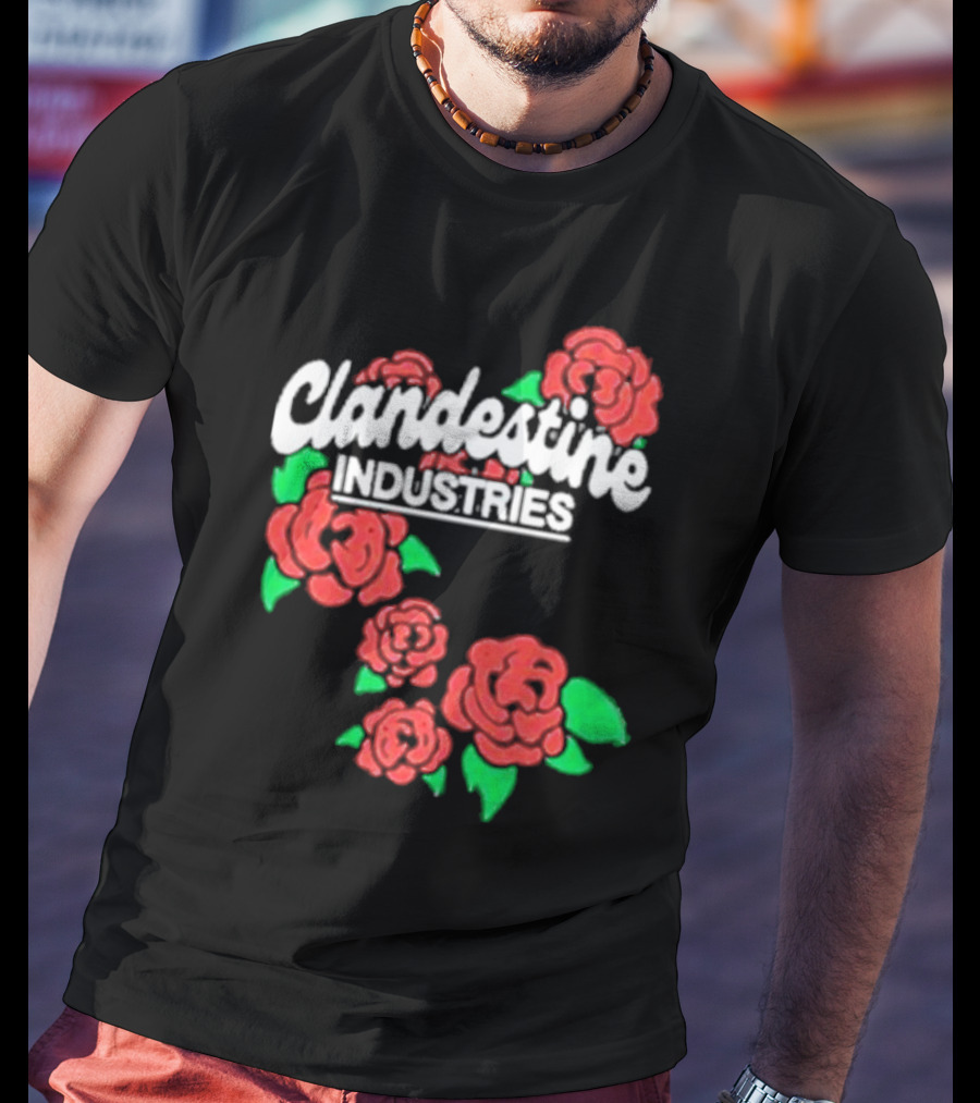 Clandestine Industries Roses Band With Red And Green Elements T-Shirt