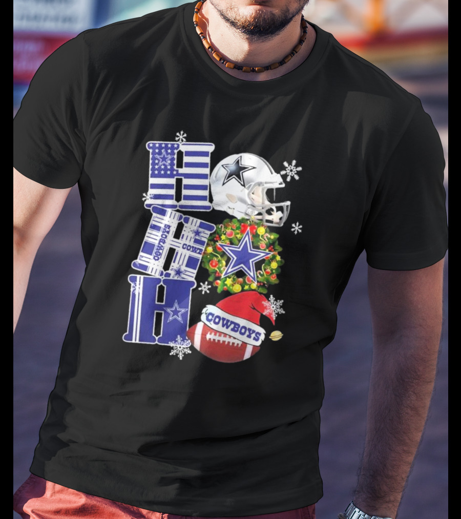 Dallas Cowboys Ho Ho Ho Merry Christmas Football Helmet Wreath Snowflakes T-Shirt
