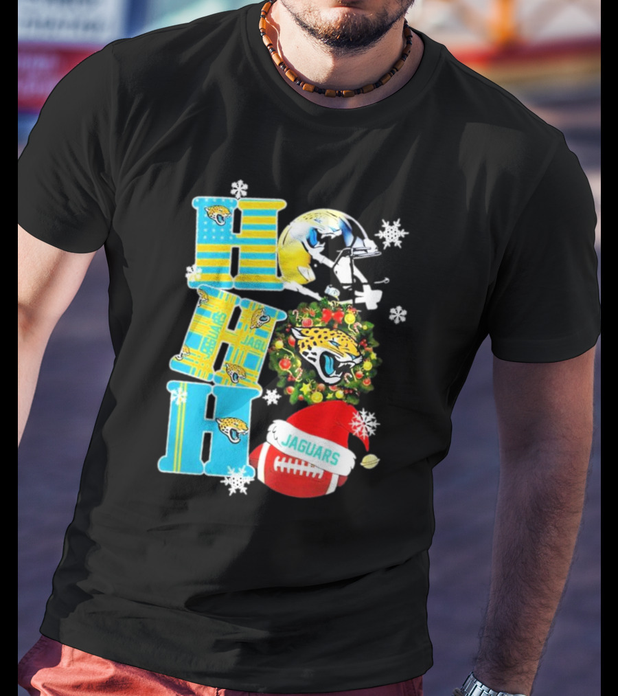 Jacksonville Jaguars Ho Ho Ho Merry Christmas Football Santa Hat Snowflakes Wreath T-Shirt