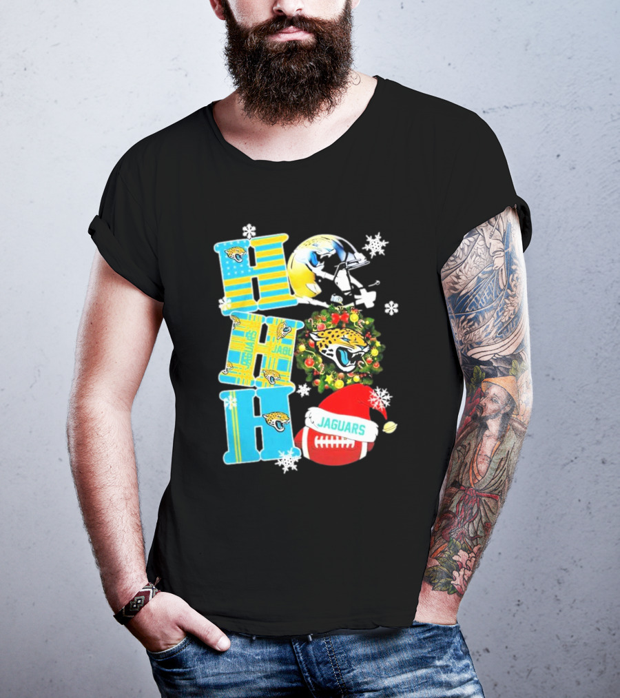 Jacksonville Jaguars Ho Ho Ho Merry Christmas Football Santa Hat Snowflakes Wreath T-Shirt
