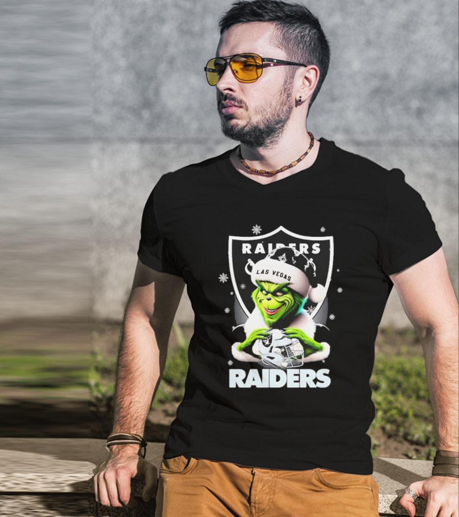 Las Vegas Raiders Grinch Santa Merry Christmas Snowflakes T-Shirt