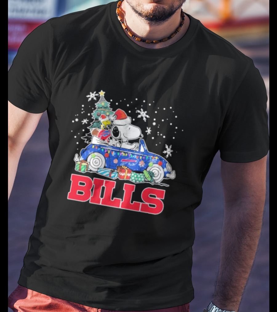 Peanuts Snoopy Woodstock Christmas Car Buffalo Bills Flag Winter Snowflakes T-Shirt