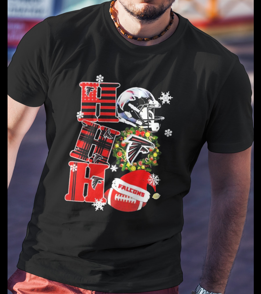 Atlanta Falcons Ho Ho Ho Merry Christmas Helmet Wreath Snowflakes Football Holiday T-Shirt