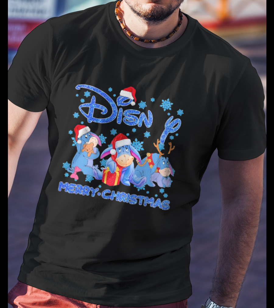 Disney Eeyore Santa Hat Winnie-the-Pooh Merry Christmas Snowflakes T-Shirt