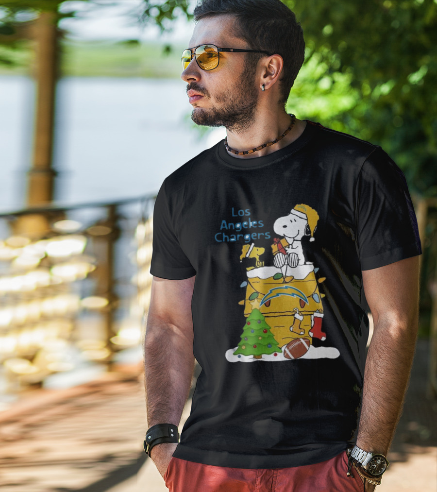 Santa Snoopy Woodstock Los Angeles Chargers Christmas Tree Football Socks T-Shirt