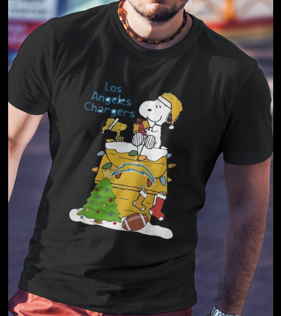 Santa Snoopy Woodstock Los Angeles Chargers Christmas Tree Football Socks T-Shirt
